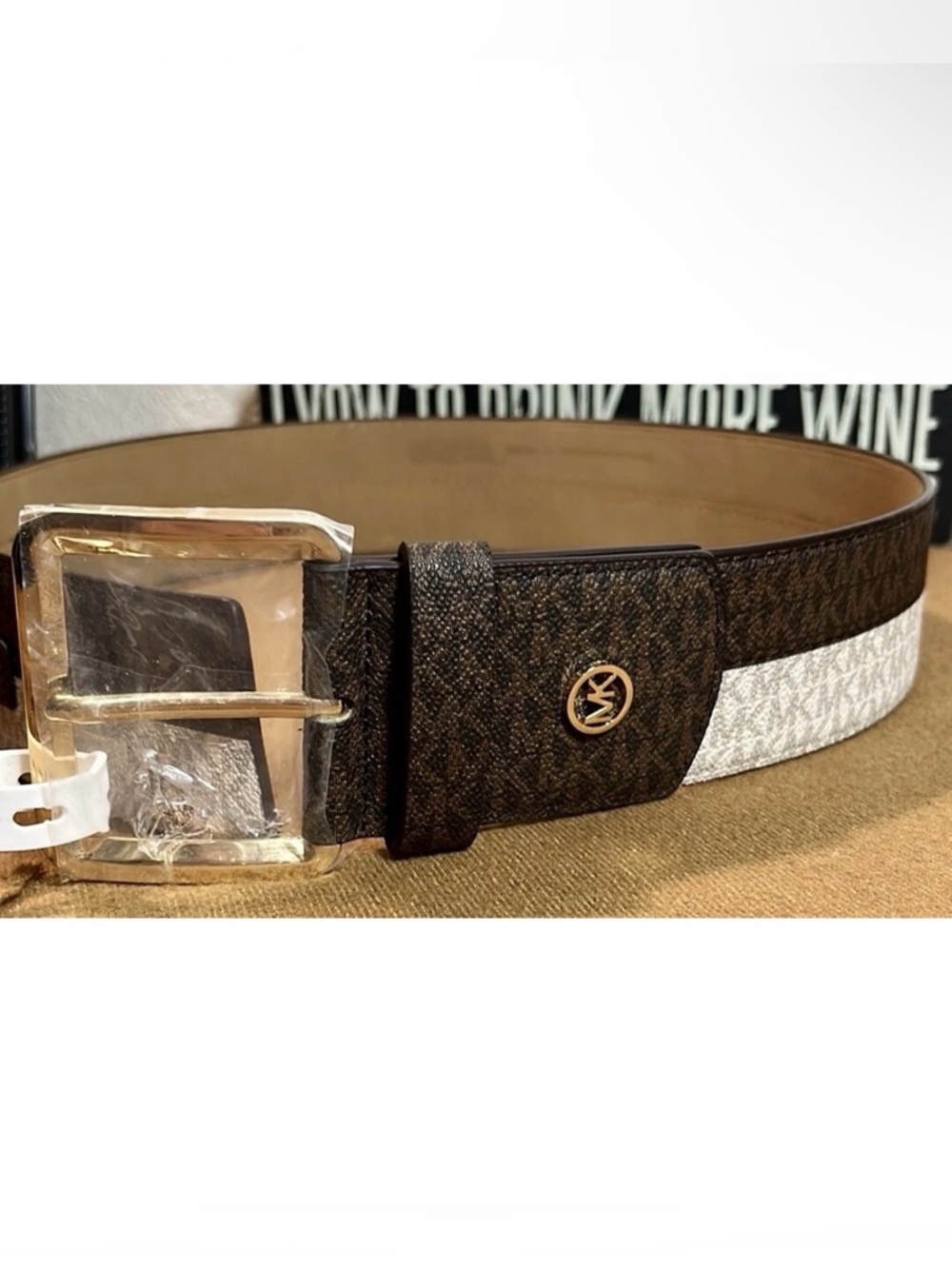 Michael Kors MK Monogram Logo Wide Belt Size Small NWT Neutral Colorblock 34" - Picture 3 of 7